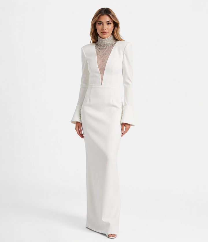 Ivory Crystal Neckline Evening Gown - Lumière