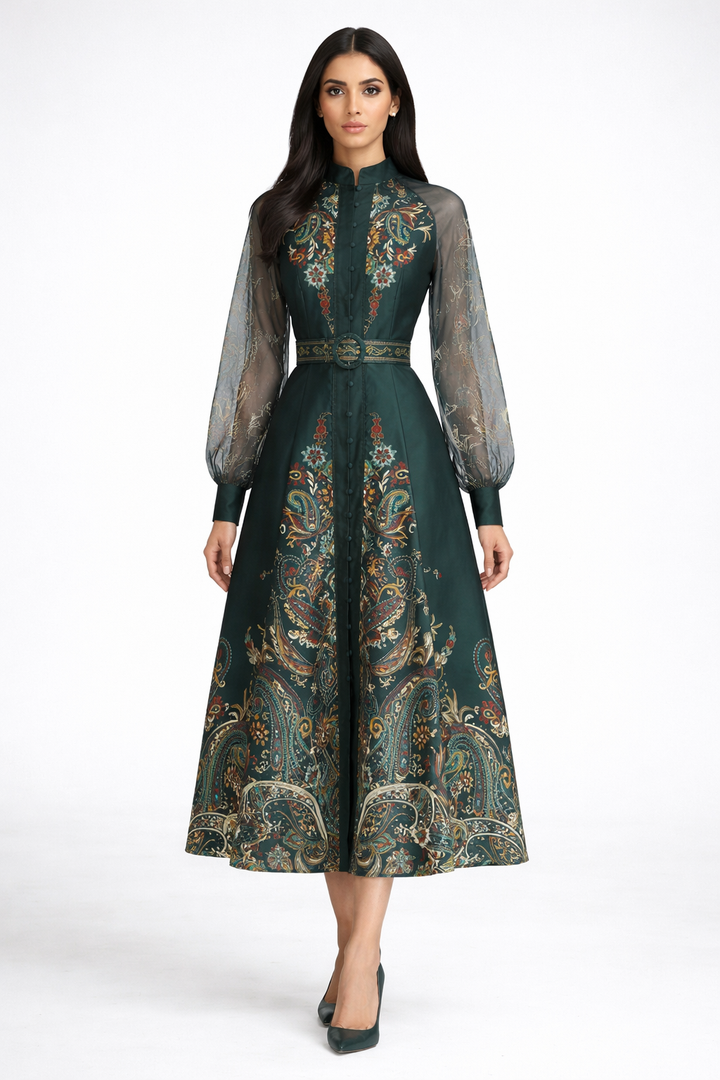 long sleeve paisley print dress with sheer sleeves and belted waist – NOIR