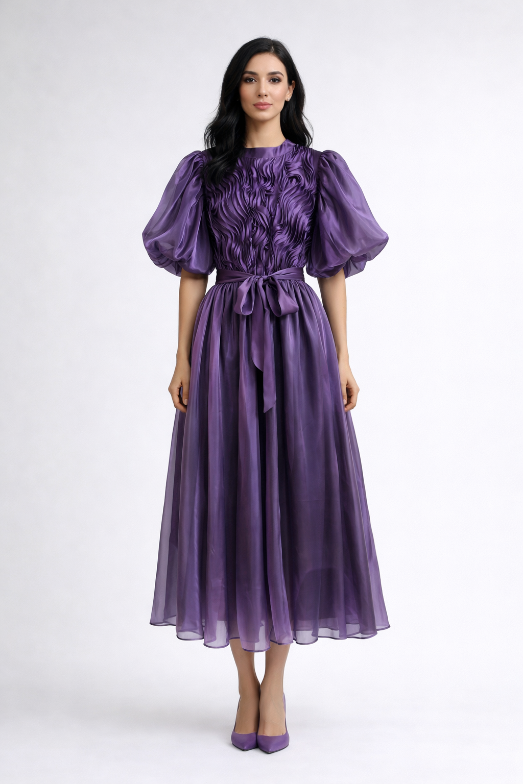 puff sleeve midi dress with textured bodice and belt – ROSELLA