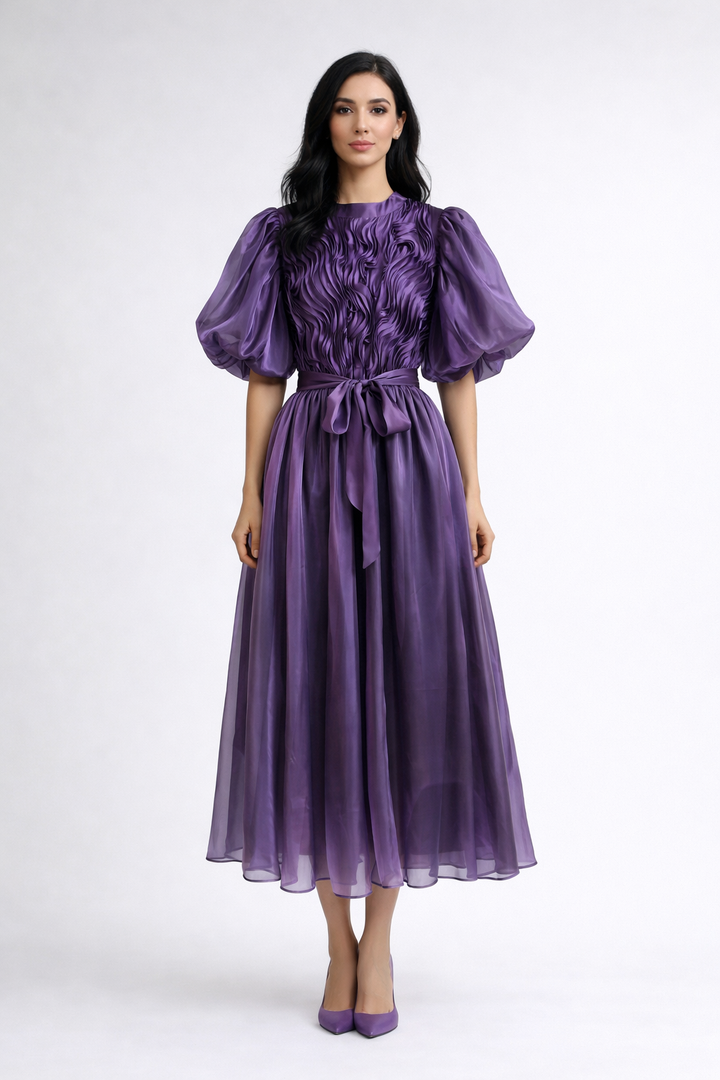 puff sleeve midi dress with textured bodice and belt – ROSELLA