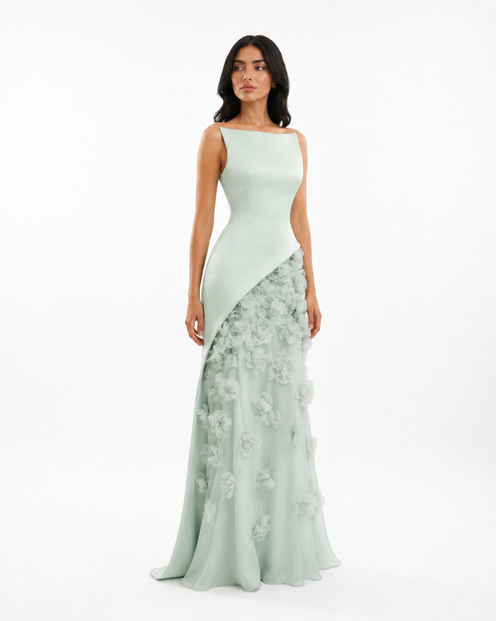 Floral Embellished Mint Evening Gown - SERÉLLE