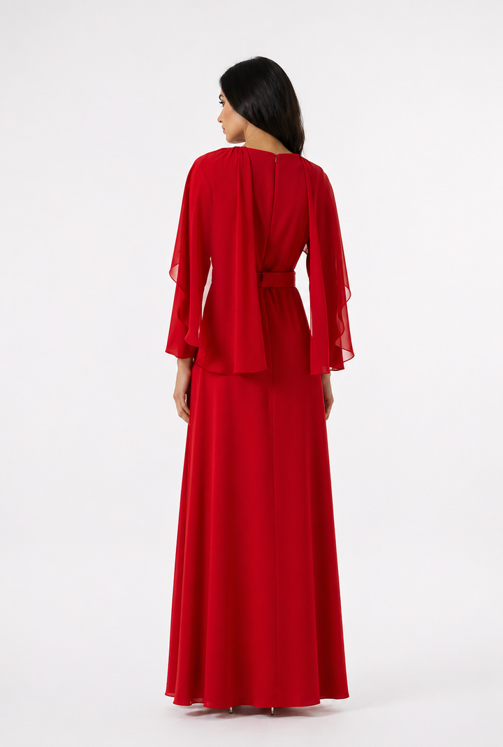 Scarlet Chiffon Cape Sleeve Gown – AURÉLLE