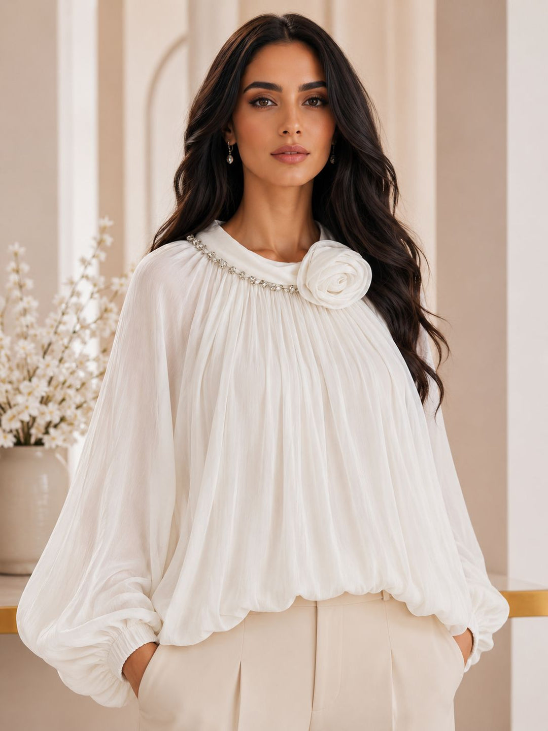 Luxury Rose Detail Satin Blouse - Glamour