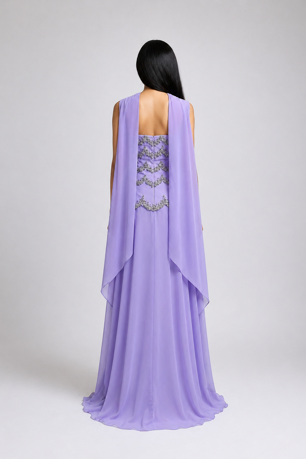 Lavender Strapless Evening Gown with Embellished Bodice & Sheer Cape – LAVÉRA