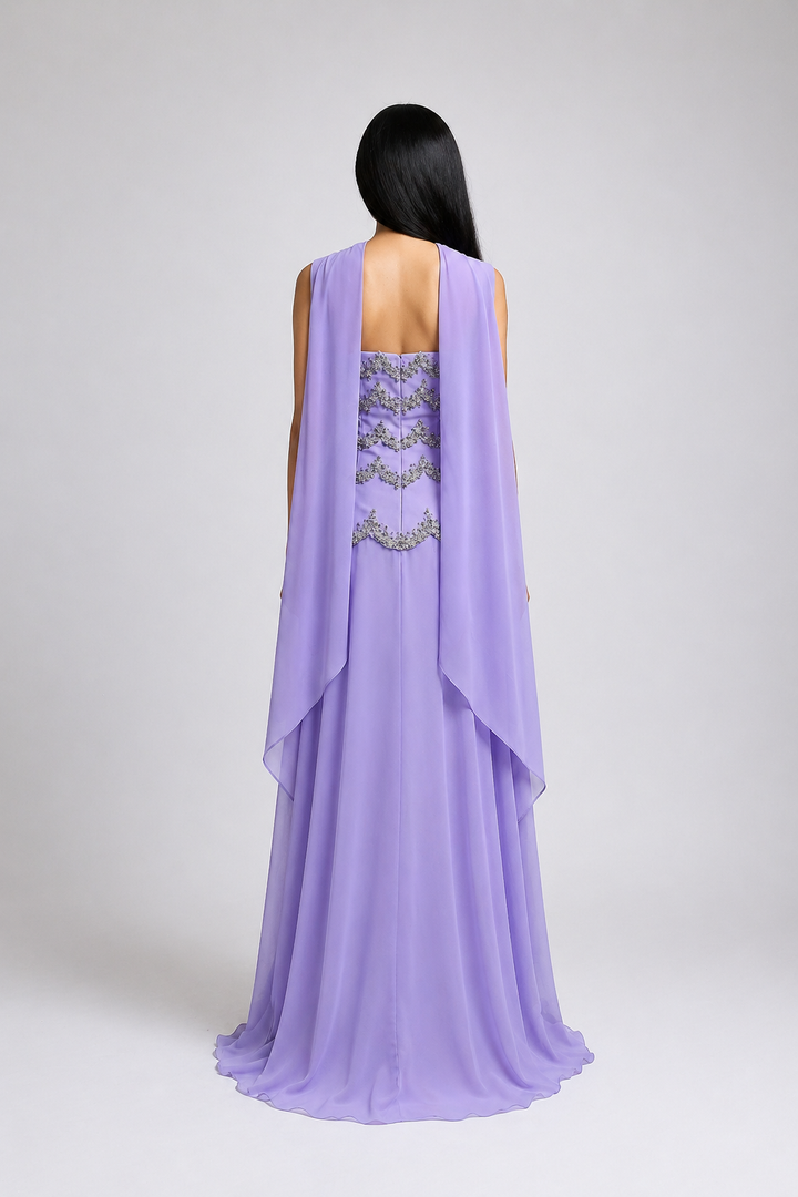 Lavender Strapless Evening Gown with Embellished Bodice & Sheer Cape – LAVÉRA
