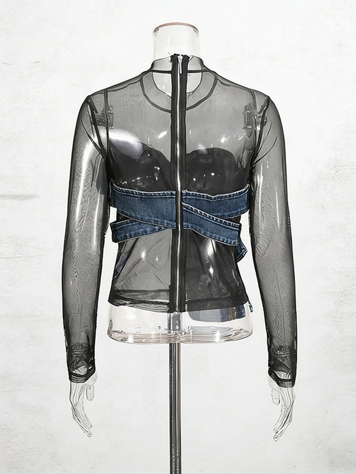 sheer mesh top with denim bow detail – MIDNIGHT