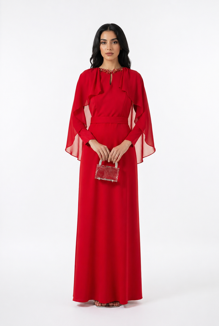 Scarlet Chiffon Cape Sleeve Gown – AURÉLLE