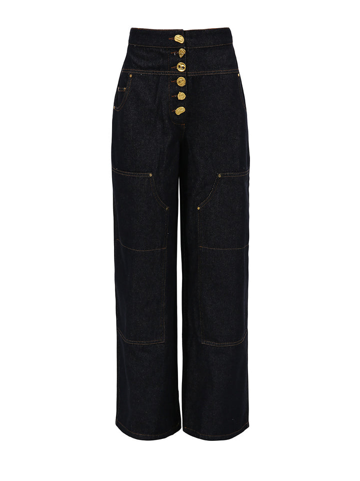 High-Waist Wide Leg Denim Pants with Gold Button Detail – INDIGO
