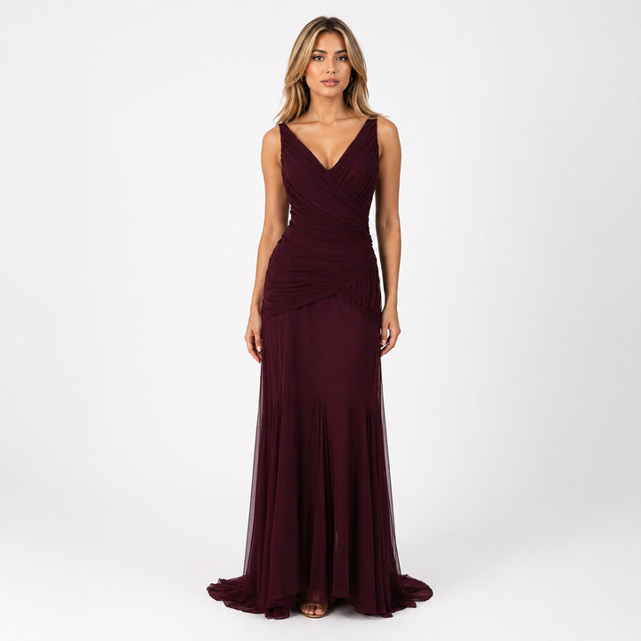 Ruched V-Neck Mermaid Evening Gown - Burgundy