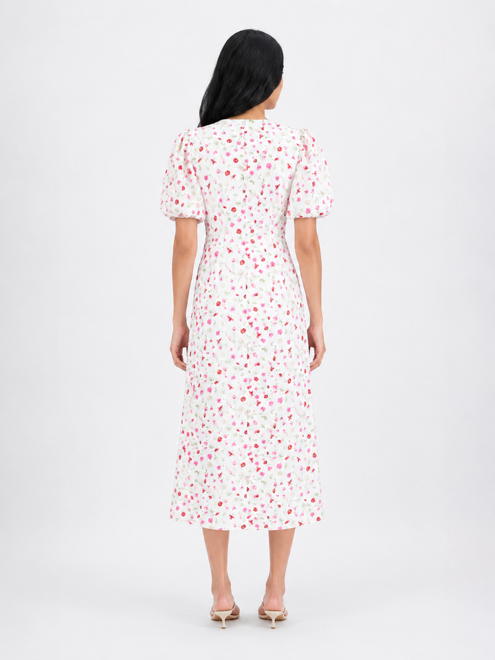 White Floral Puff Sleeve Midi Dress – ROSÉLIA