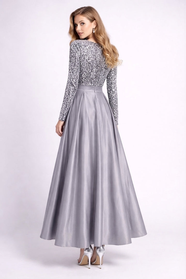 long-sleeve sequin bodice satin maxi dress – SILVÉRA