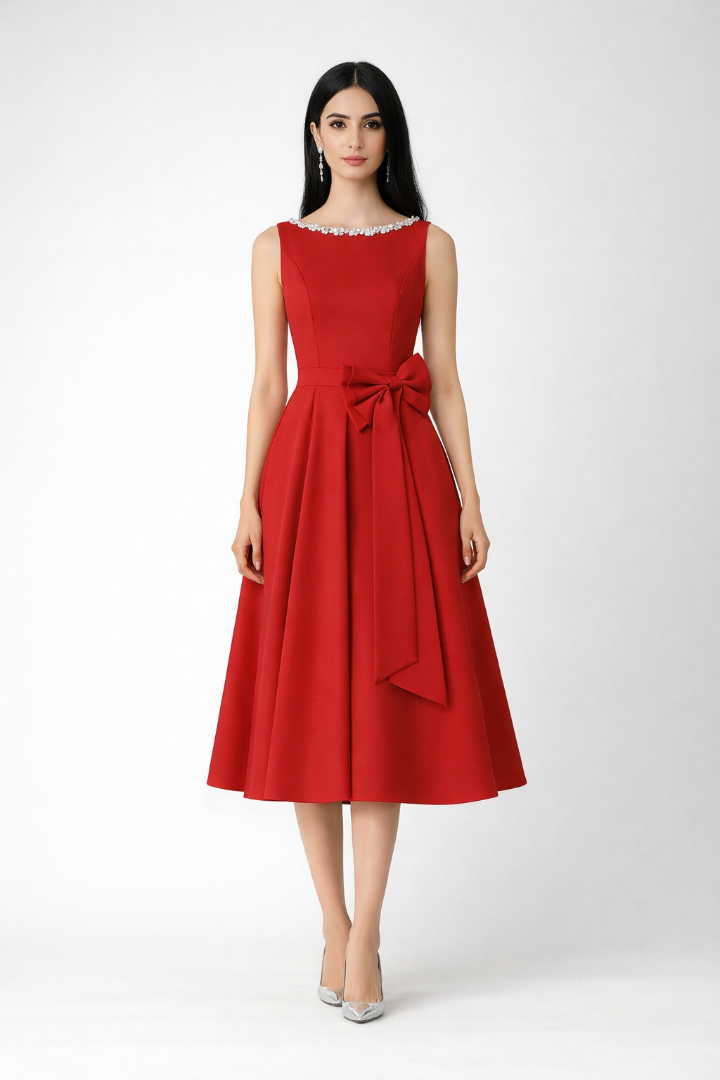 sleeveless A-line midi dress with side bow detail – PEARL