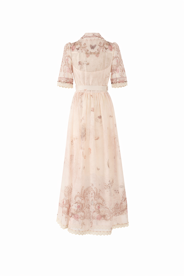 short sleeve vintage print chiffon maxi dress with belt – AURELIA