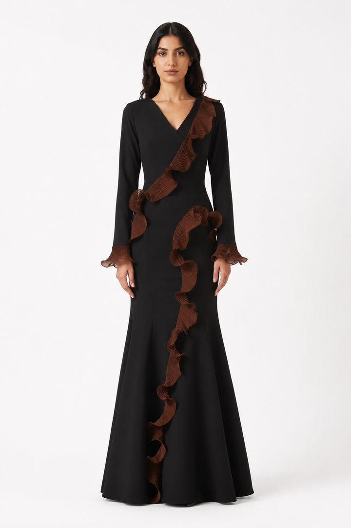 Ruffle Detail Mermaid Evening Gown - NOIRÉVA