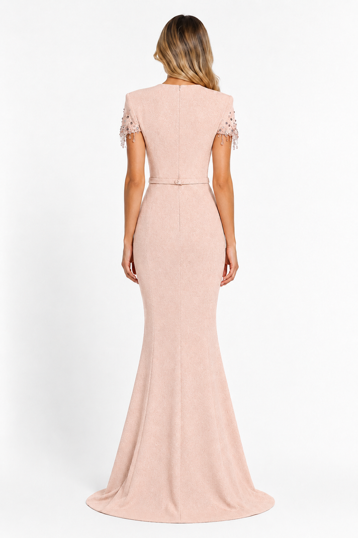 Blush Beaded Sleeve Mermaid Gown - Rosé