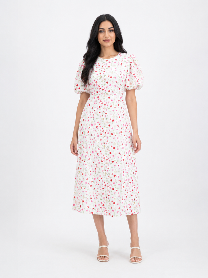 White Floral Puff Sleeve Midi Dress – ROSÉLIA