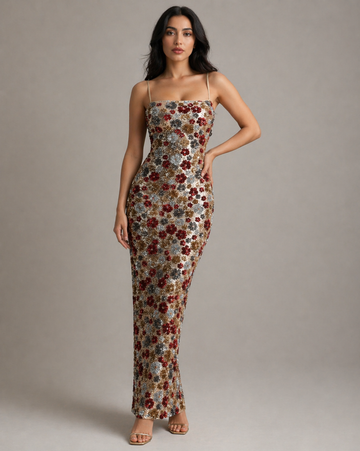 Floral Sequin Bodycon Maxi Dress with Spaghetti Straps - ROSÉLIA