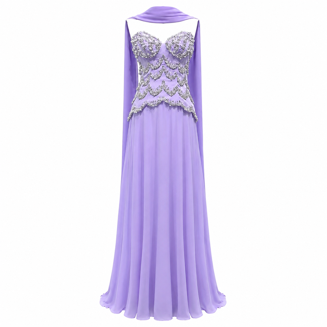 Lavender Strapless Evening Gown with Embellished Bodice & Sheer Cape – LAVÉRA