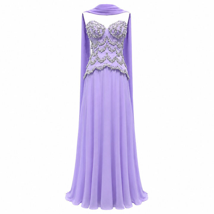 Lavender Strapless Evening Gown with Embellished Bodice & Sheer Cape – LAVÉRA