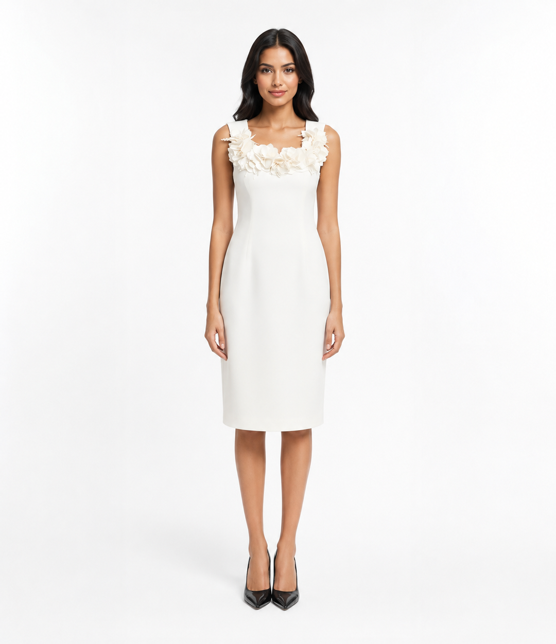 Ivory Floral Appliqué Midi Dress – Petalia