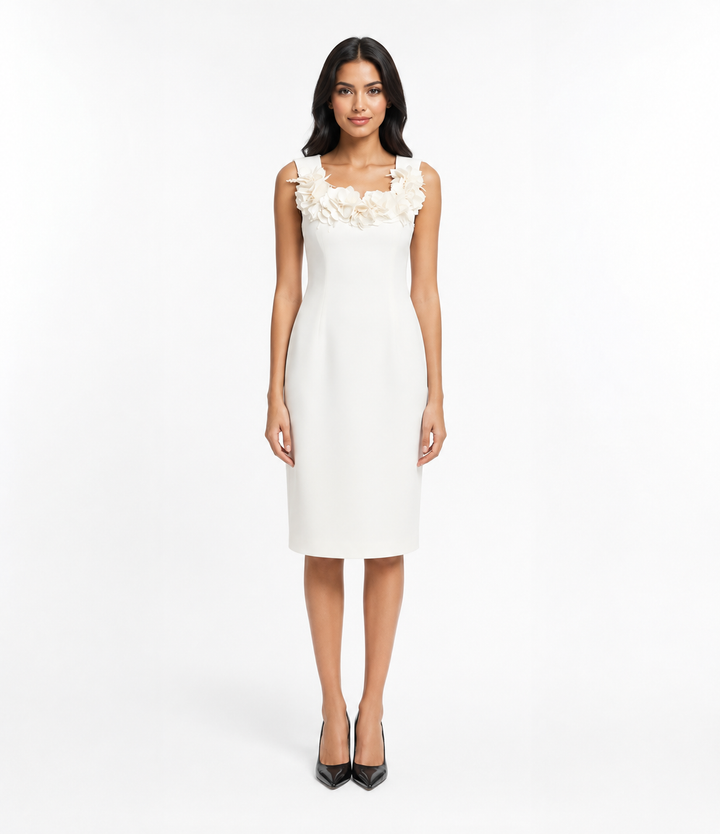 Ivory Floral Appliqué Midi Dress – Petalia