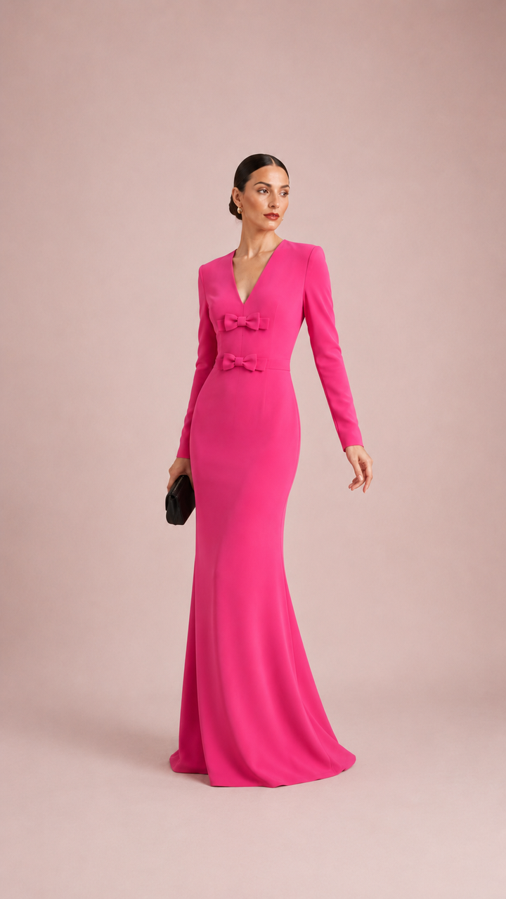 Fuchsia Bow-Detail Long Sleeve Gown – ROSELLA