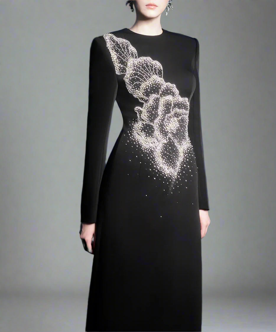 Long-Sleeve A-line Dress with Beaded Floral Accents - BLOSSOM