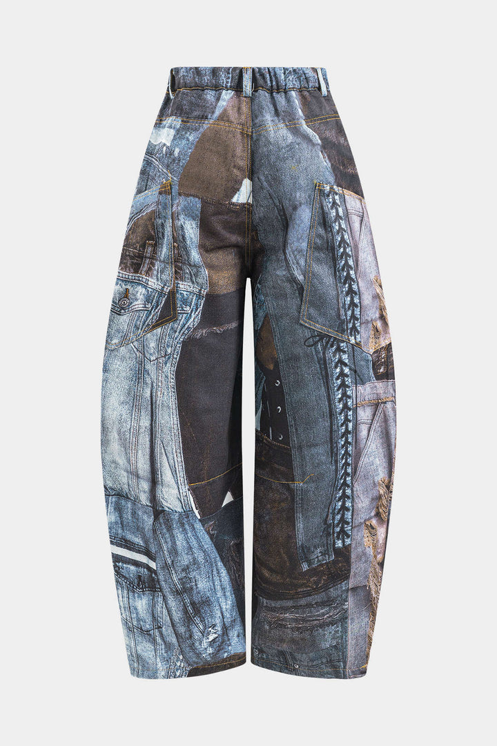 Abstract Print Button Pocket Wide Leg Barrel Trousers