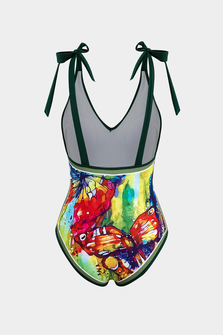 Butterfly Print Tie Up Backless Tummy Control One-Piece Swimsuit