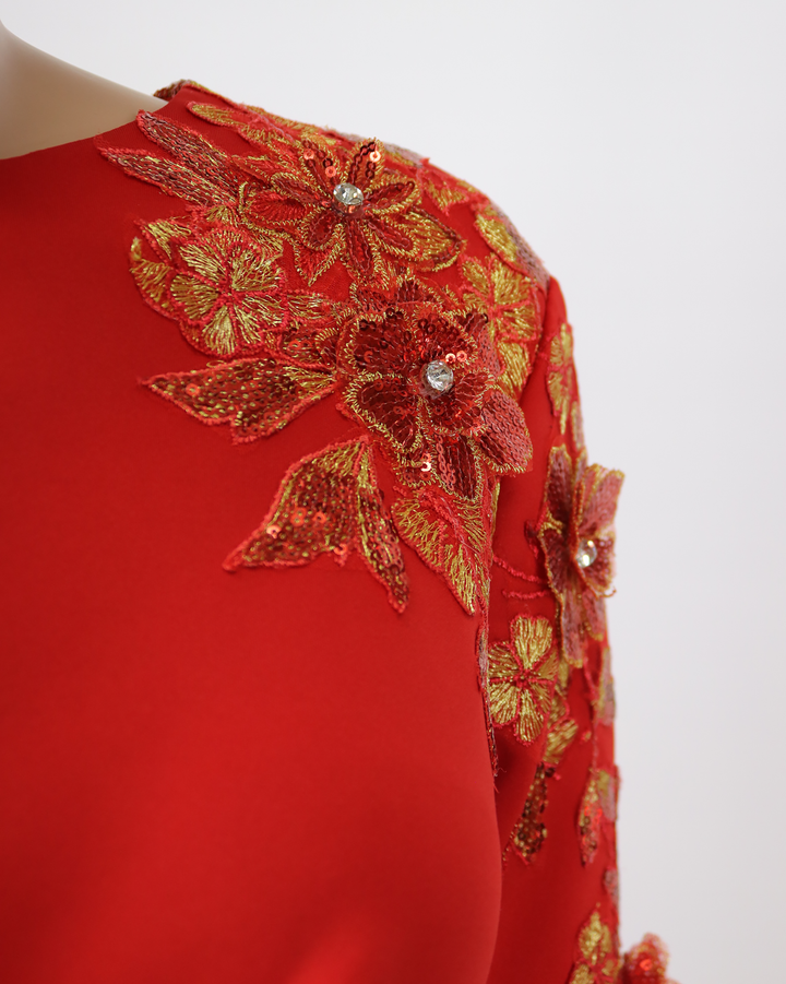 Red Floor-Length Dress with a Long Train and Sequined Sleeves