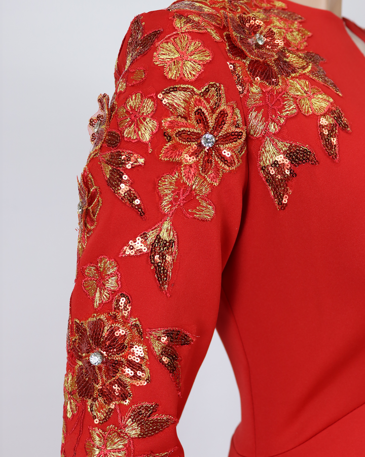 Red Floor-Length Dress with a Long Train and Sequined Sleeves