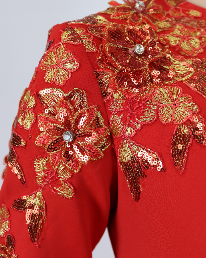 Red Floor-Length Dress with a Long Train and Sequined Sleeves