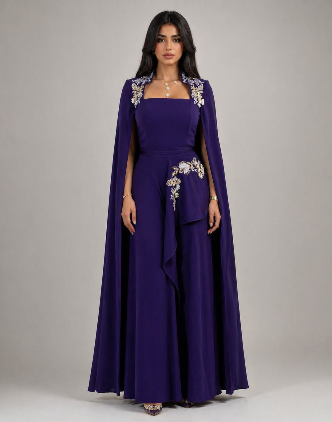 Royal Purple Embellished Jumpsuit with Cape Overlay – VELORA