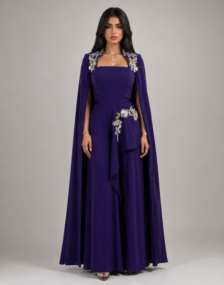 Royal Purple Embellished Jumpsuit with Cape Overlay – VELORA