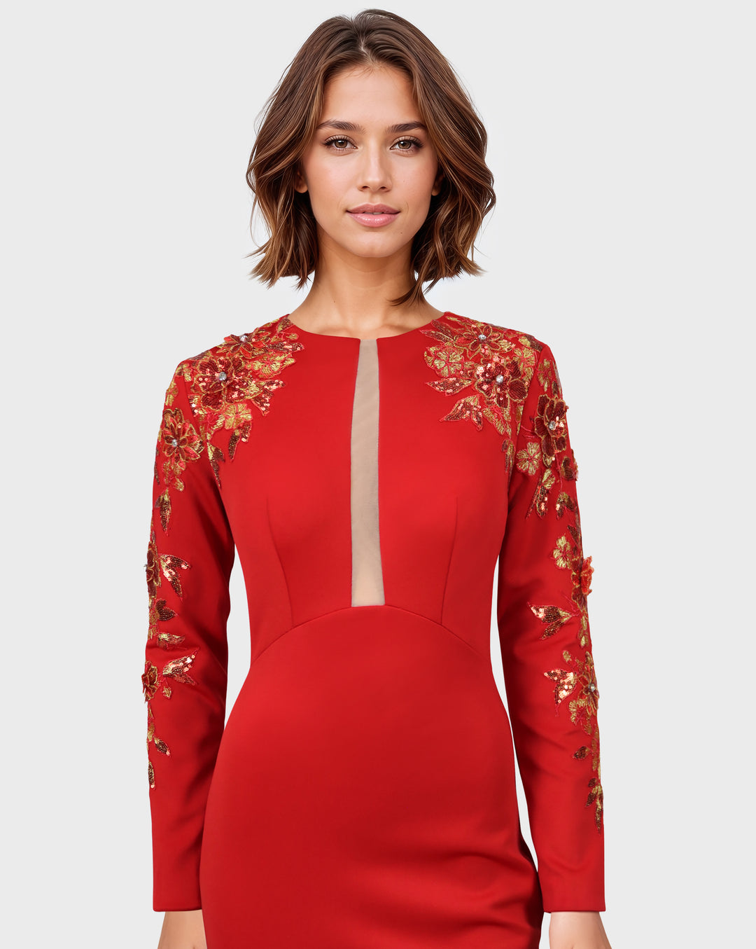Red Floor-Length Dress with a Long Train and Sequined Sleeves