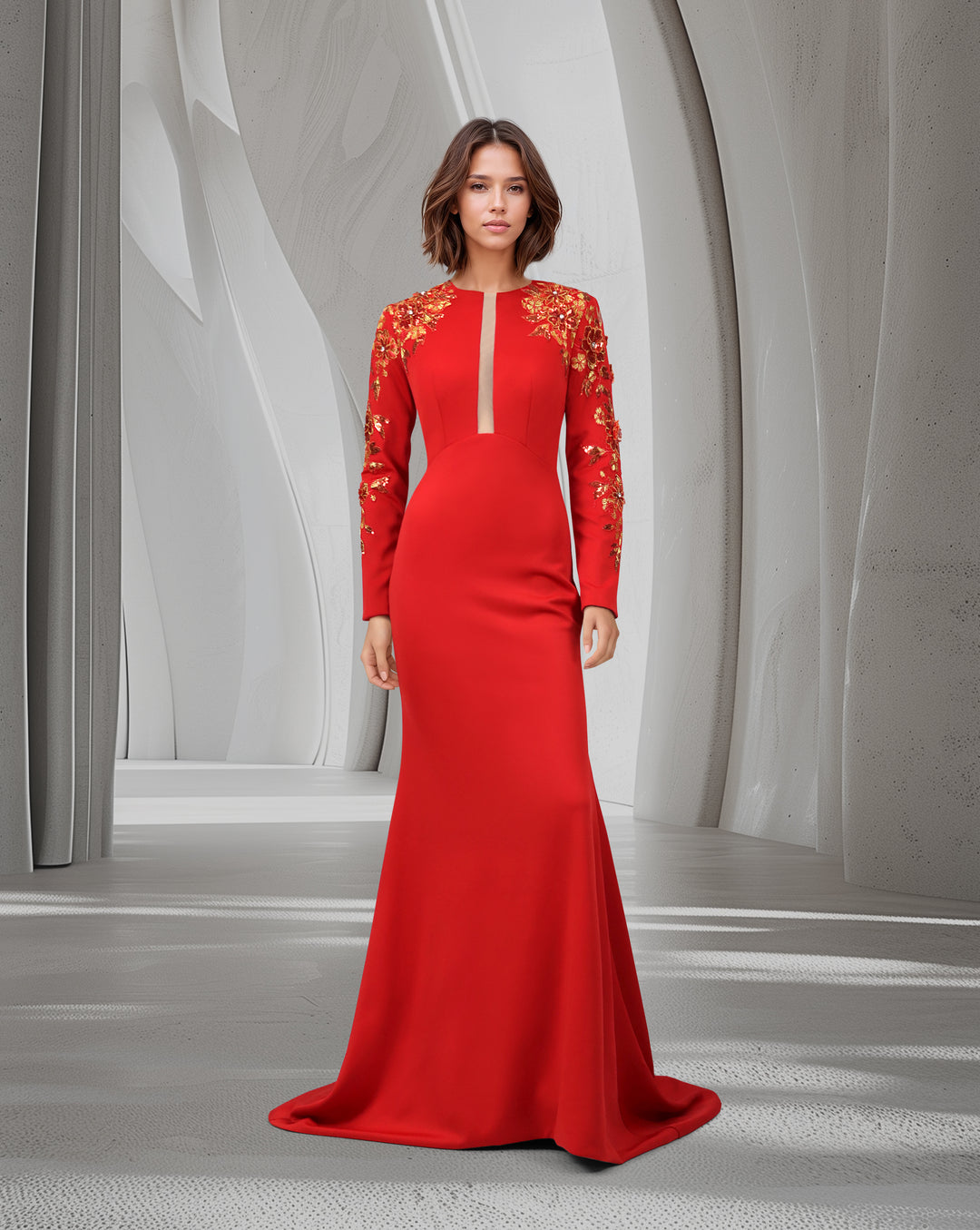 Red Floor-Length Dress with a Long Train and Sequined Sleeves