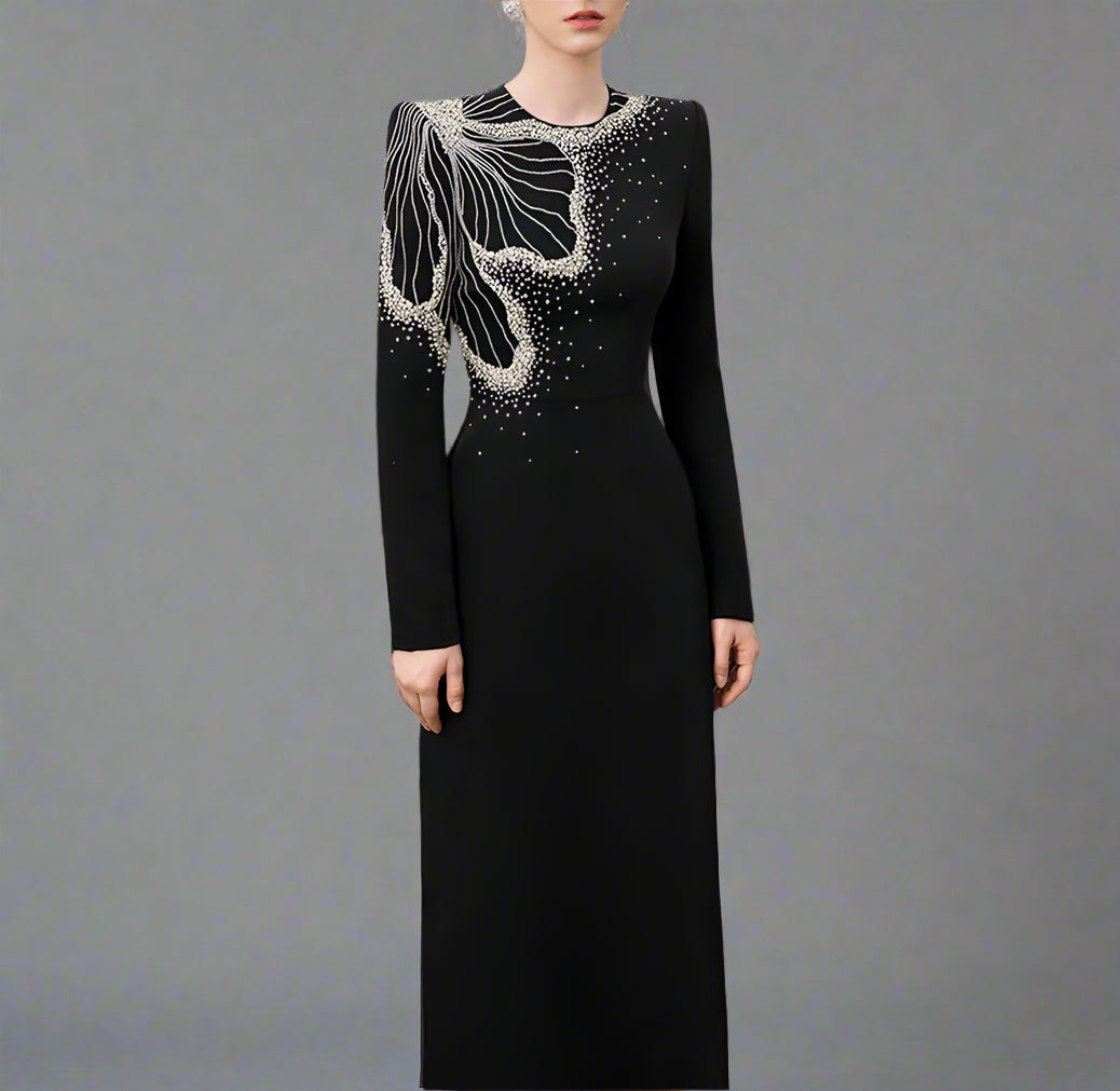 Long-Sleeve Column Dress with Beaded Floral Detail - CELESTE