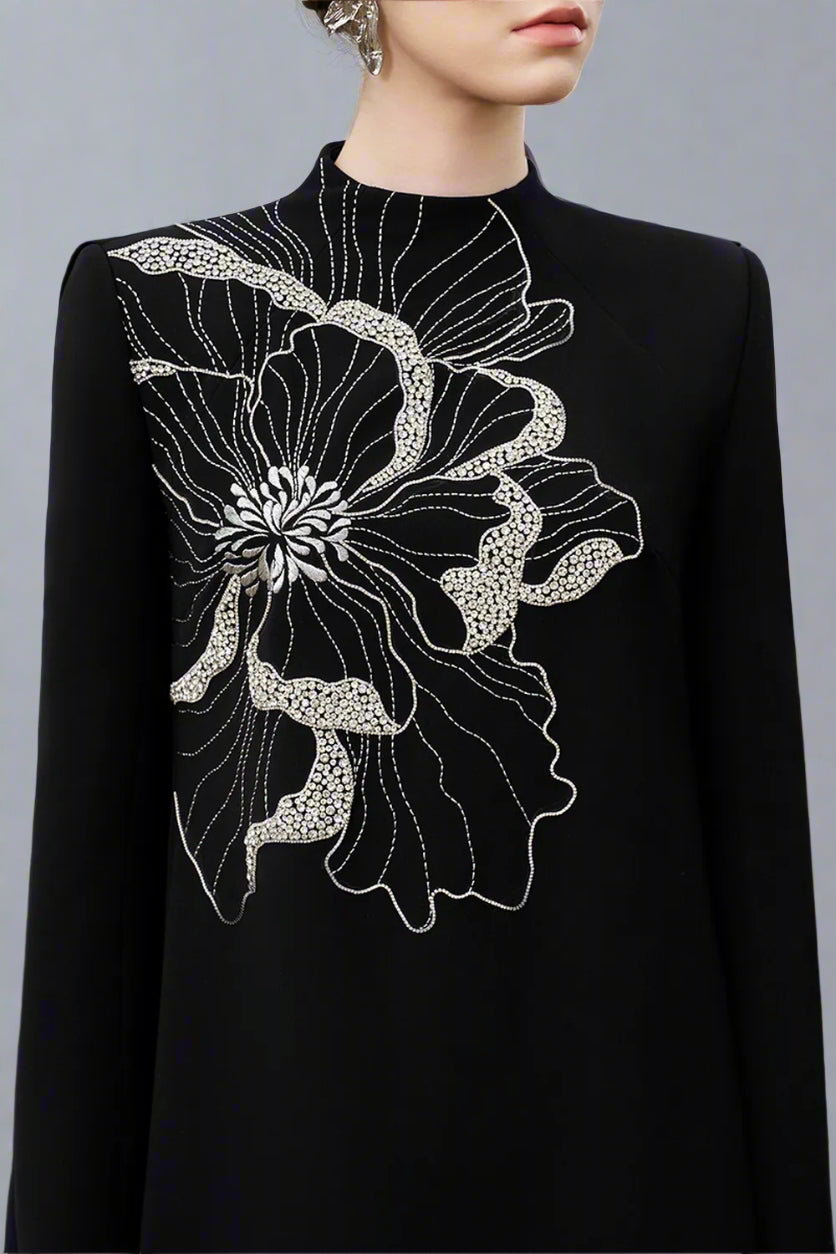 Long-sleeve flared dress with floral embellishment - BLOOM