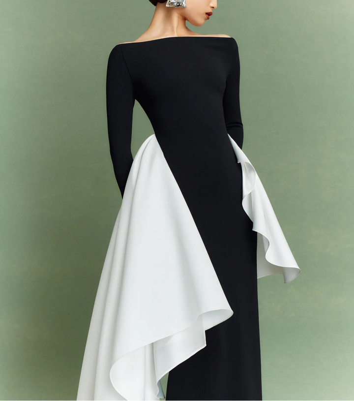 long-sleeve column dress with asymmetric draped panels – KIANA
