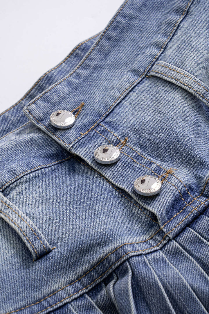 Denim Pleated High Waist  Mentalic Decor Skirt