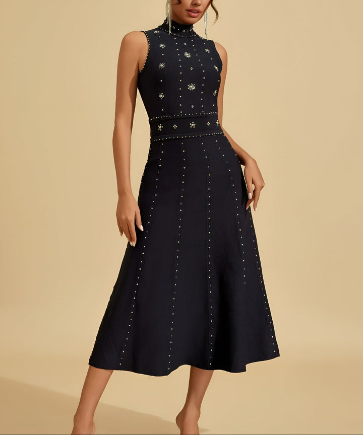 sleeveless embellished midi dress with high neckline – NOIRÉ