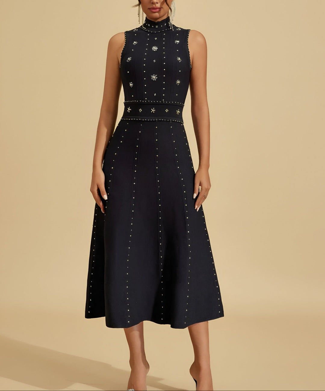 sleeveless embellished midi dress with high neckline – NOIRÉ