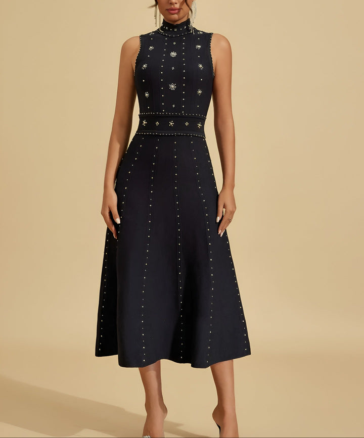 sleeveless embellished midi dress with high neckline – NOIRÉ