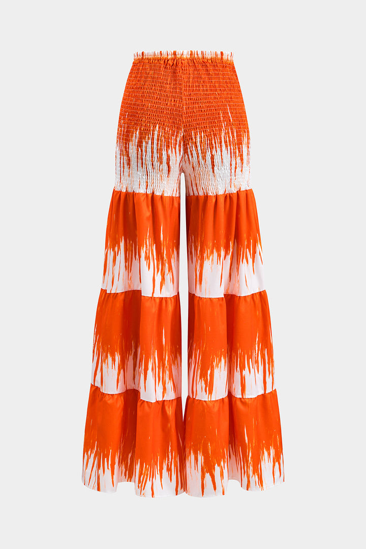 Tropical Pattern Ruffle V-Neck Tie Front Top And Ruched High Waist Wide Leg Pants Set