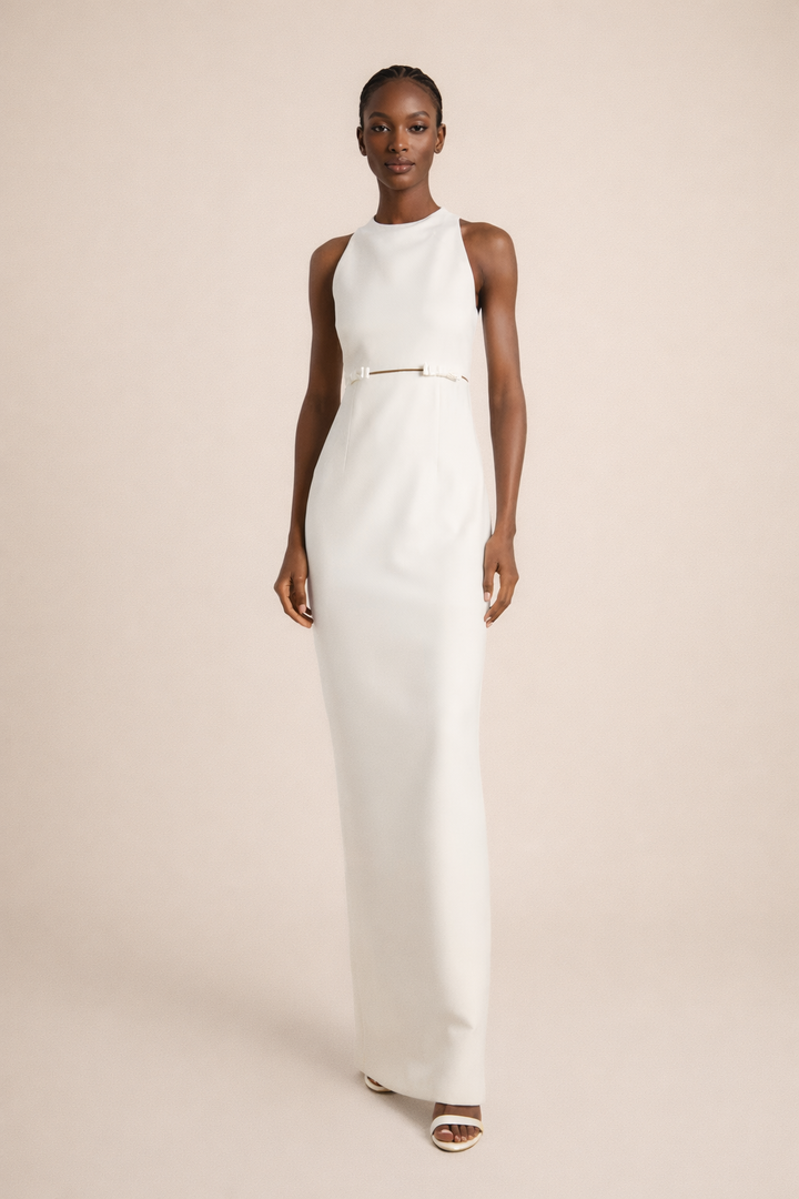 halter column gown with slim waist belt – SERENA