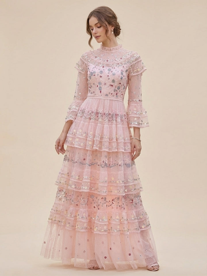 high-neck embroidered tulle maxi dress with layered ruffles – BLUSH