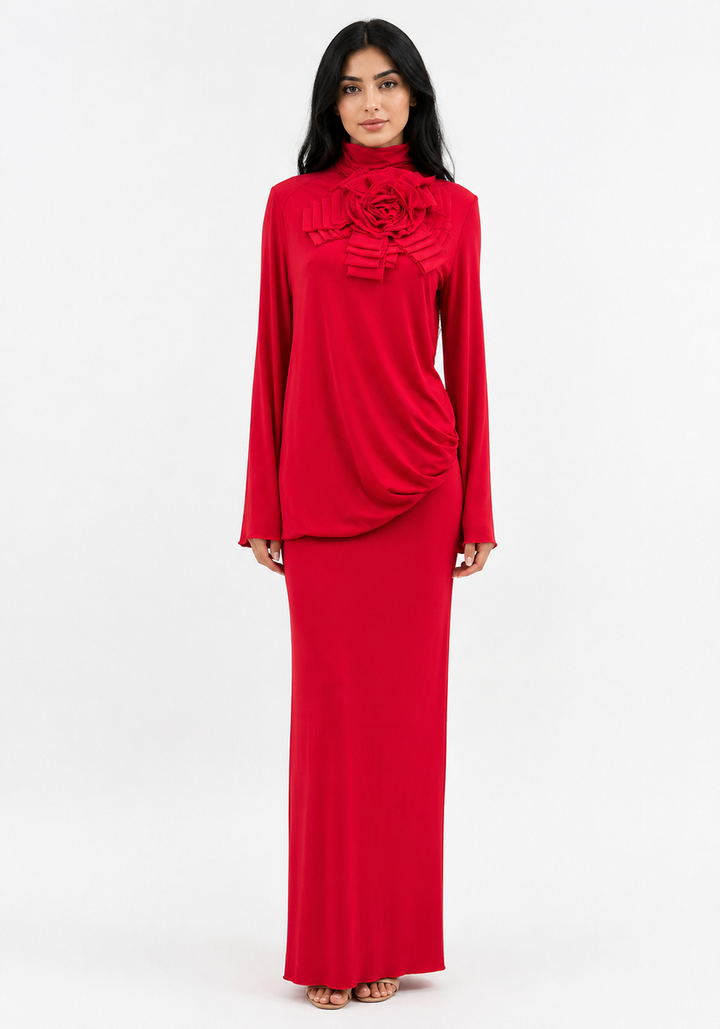 Crimson Rose Maxi Gown — 3D Floral Open-Back Long Dress