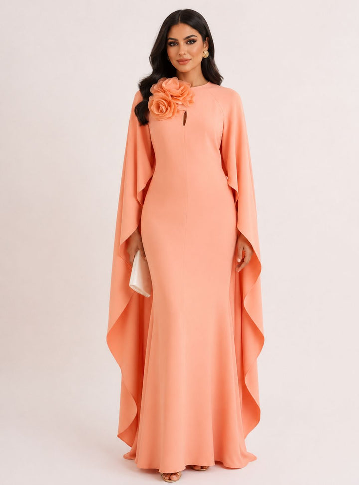 cape sleeve column dress with floral shoulder detail – CORAL-1