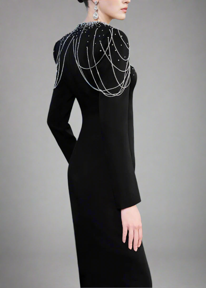 Long-Sleeve Column Dress with Beaded Shoulder Chains - ASTRA