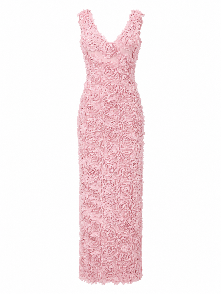 3D Floral V-Neck Midi Dress - Blossom